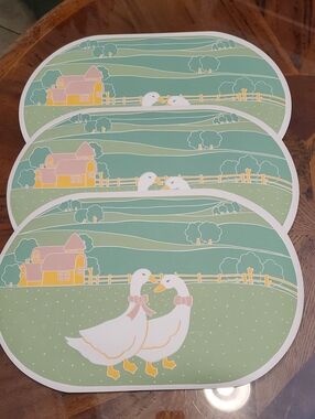 3 pc Vintage Oval Goose Geese Farm Scene Table Setting Placemats